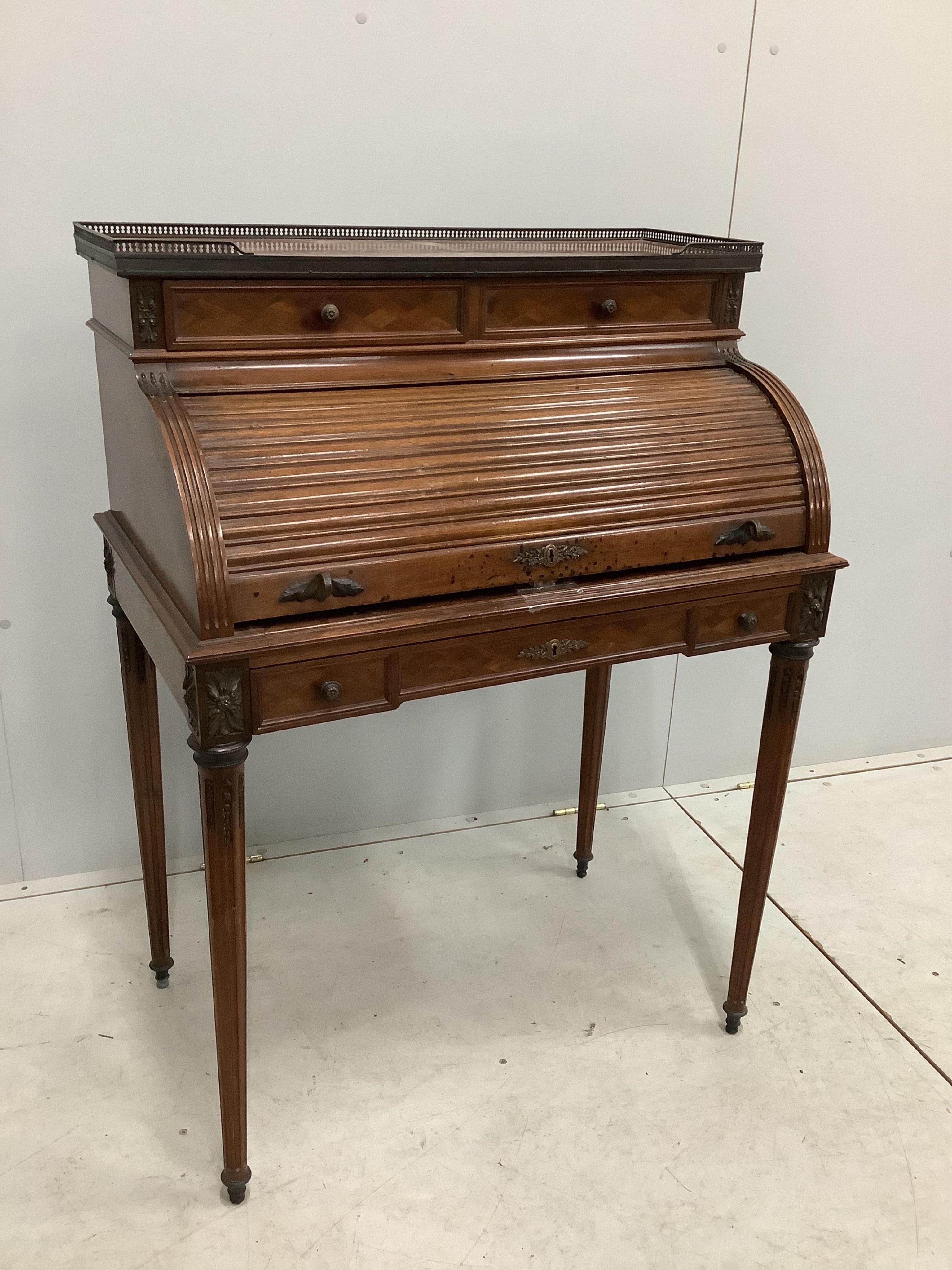 A late 19th / early 20th century French parquetry inlaid, gilt metal mounted, rouge marble topped mahogany cylinder bureau, width 79cm, depth 50cm, height 107cm. Condition - good but lacking key